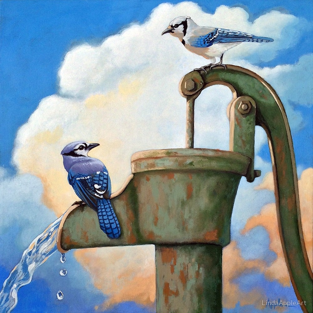 1000x1000 Blue Jays On Old Water Pump Bird Realistic Animal Portrait - Jays Painting