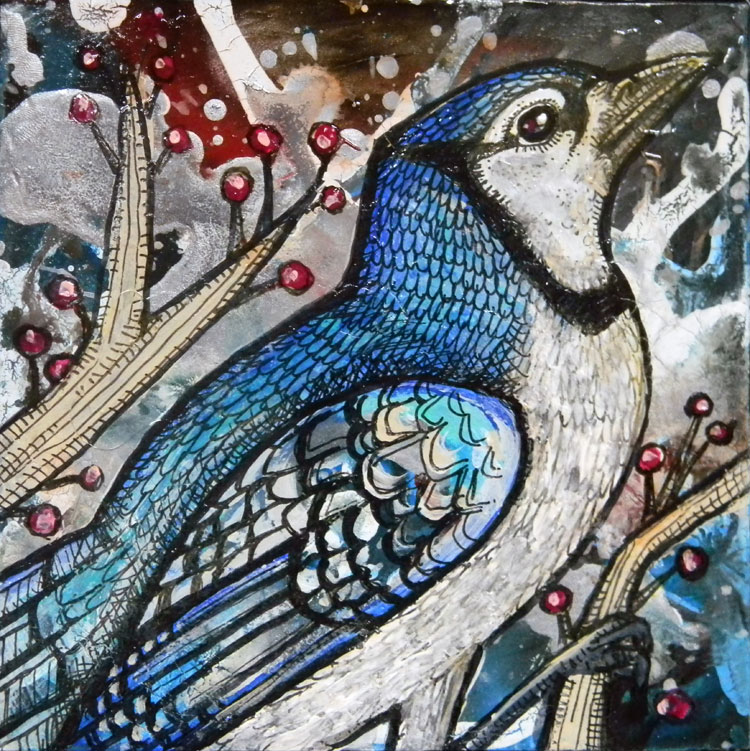 750x751 Winter Blue Jay Miniature Painting By Lynnette Shelley - Jays Painting