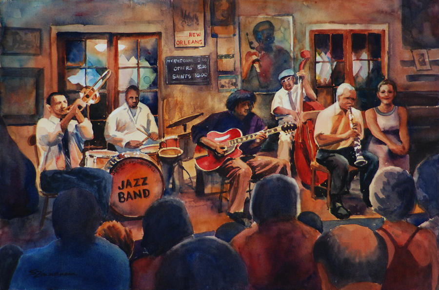900x594 Preservation Hall Jazz Band Painting By Sue Zimmermann - Jazz Band Painting