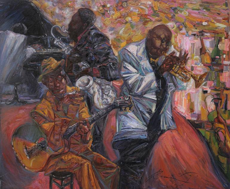 770x632 Saatchi Art Jazz Club. Yellow Painting By Roman Nogin - Jazz Club Painting