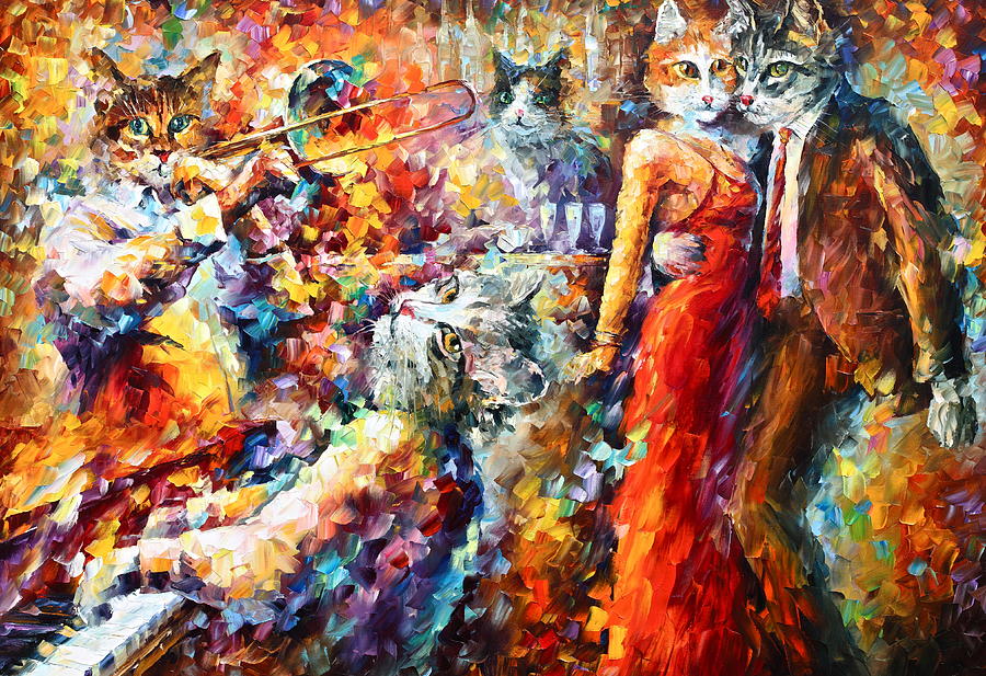 900x617 Cat Jazz Club Painting By Leonid Afremov - Jazz Club Painting