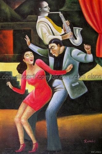 332x500 100% Hand Painted Rock Roll Jazz Swing Dance Couple Saxophone Oil - Jazz Dance Painting