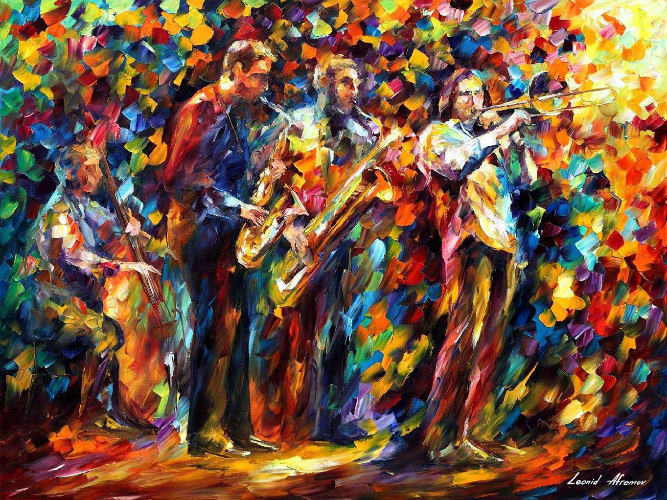 1363x1022 Jazz Band Palette Knife Oil Painting On Canvas By Leonid Afremov - Jazz Painting