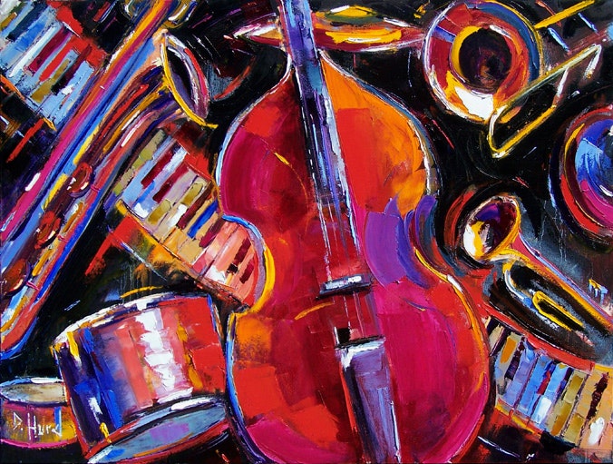 676x511 Bass, Piano, Trombone, Jazz Art Painting, Saxophone Deba Hurd By - Jazz Piano Painting