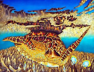 300x230 Jean Baptiste Original Batik Silk Painting Of Sea Turtle Amp Coral - Jean Baptiste Silk Painting