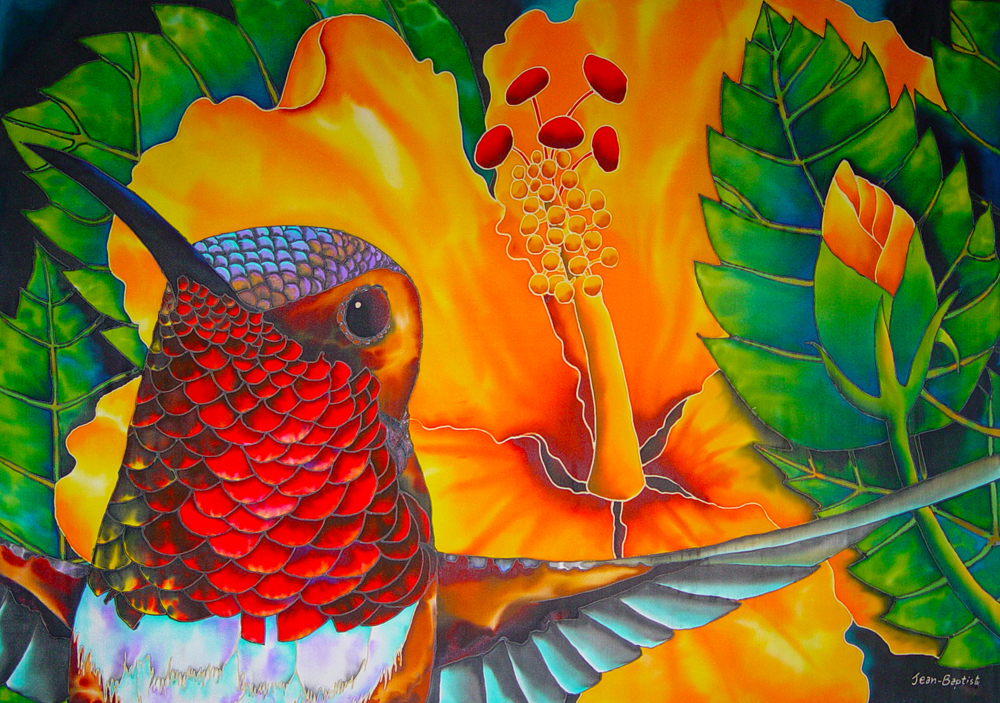 1000x703 Silk Art Of Jean Baptiste Rufous Hummingbird ( Original Silk - Jean Baptiste Silk Painting