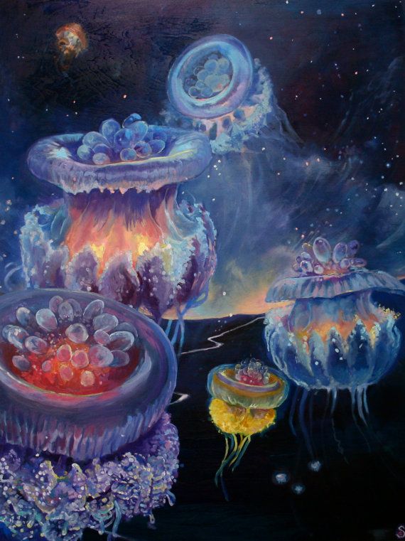 570x761 Moon Jellyfish Prayers Large Professional Archival By Scoutcuomo - Jellyfish Oil Painting