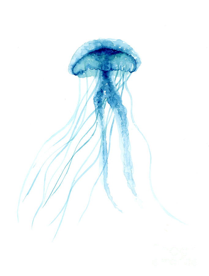 683x900 Blue Jellyfish Minimalist Painting Painting By Joanna Szmerdt - Jellyfish Painting