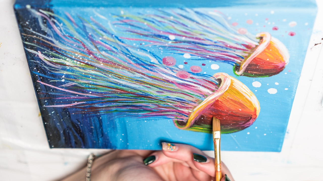 1280x720 Family Of Colorful Jellyfish On The Sea Bottom - Jellyfish Painting