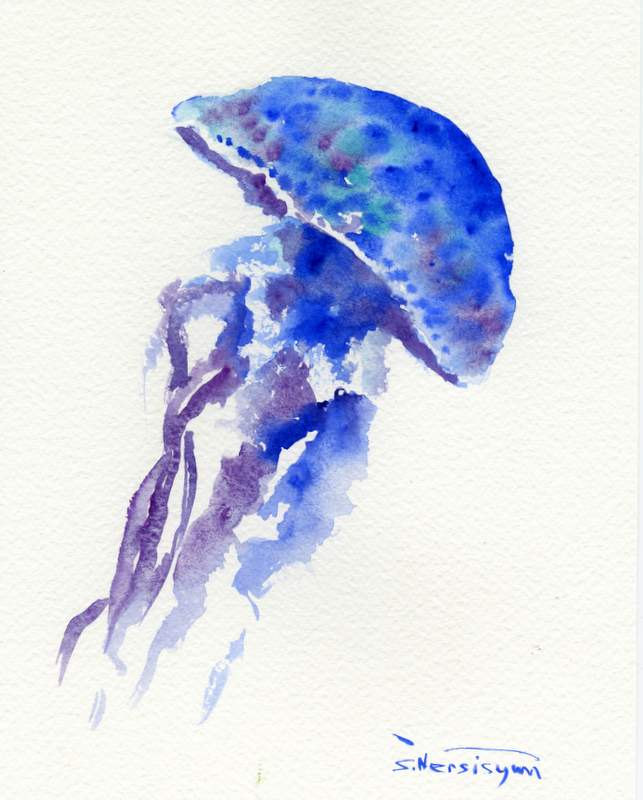 643x800 Blue Jellyfish Original Watercolor Painting 10 X - Jellyfish Painting Watercolor