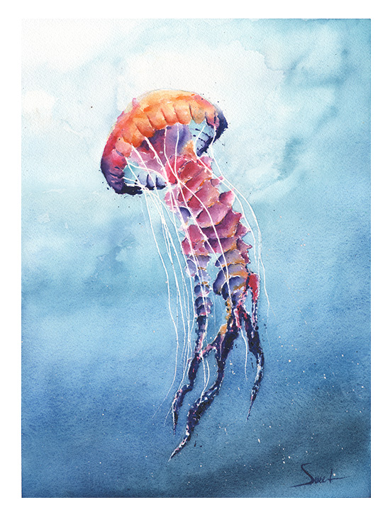 550x730 Jellyfish Watercolor Print Watercolor Animal Paintings - Jellyfish Watercolor Painting