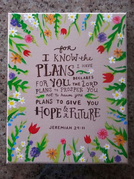 450x600 Jeremiah 2911 Bible Verse Flowers Painted 8x10 Canvas Handmade - Jeremiah 29 11 Painting