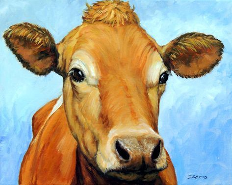 473x378 Golden Jersey Cow On Blue Painting By Dottie Dracos Cows - Jersey Cow Painting