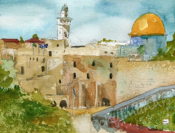 570x433 Israel Painting Of Jerusalem Original Watercolor Of Landscape - Jerusalem Painting