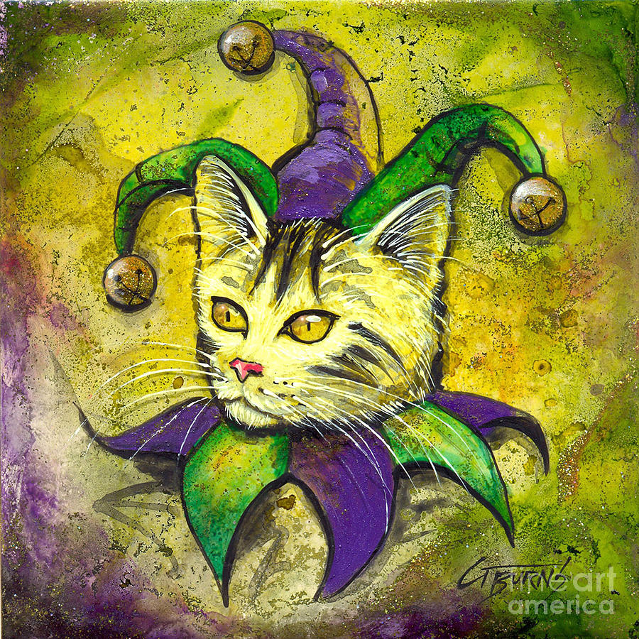 900x900 Mardi Gras Jester Kitty Painting By Gg Burns - Jester Painting
