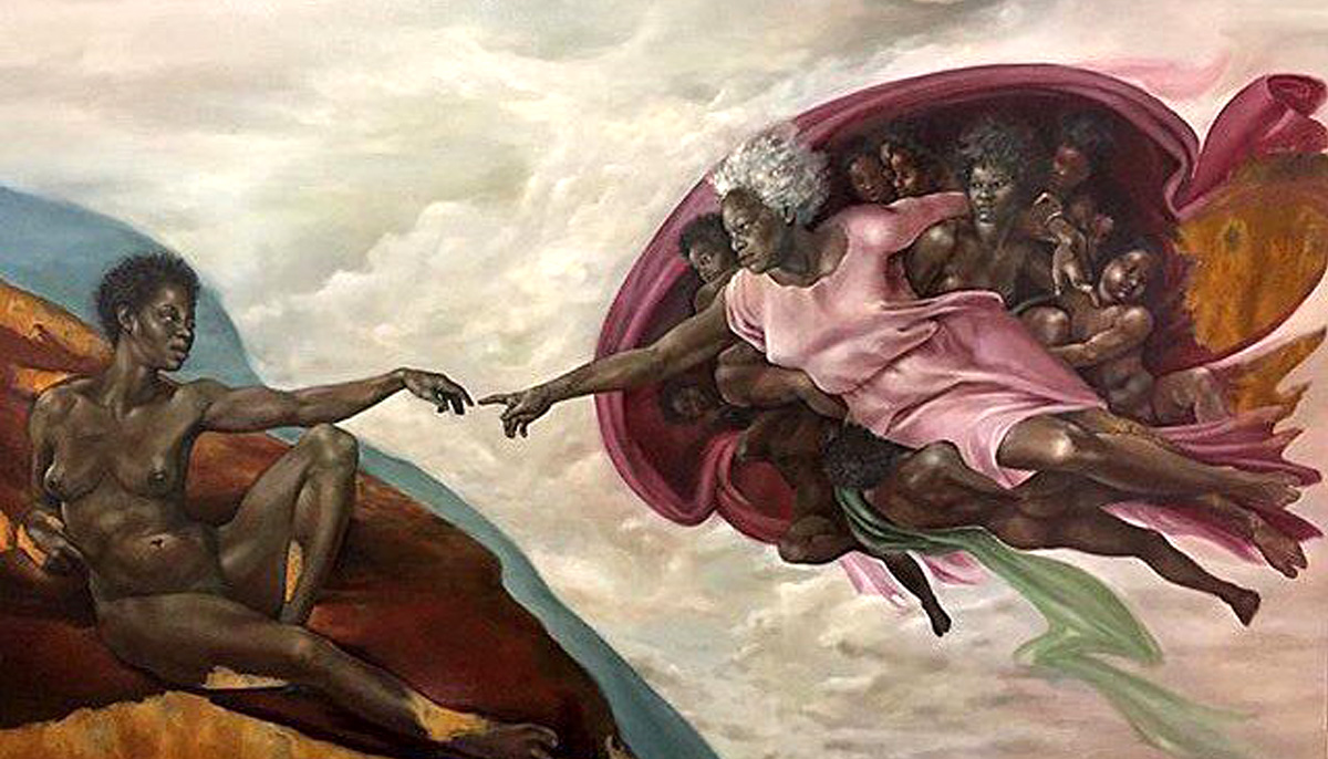 1200x686 Artist Harmonia Rosales Gets Abuse After Painting God As Black - Jesus And God Touching Fingers Painting