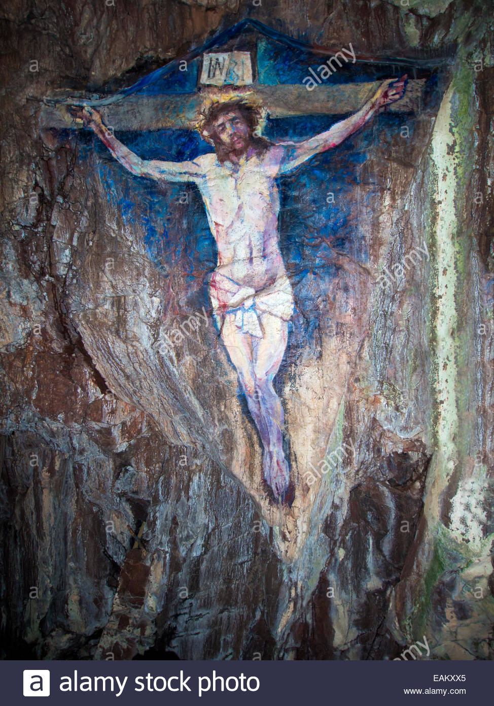 974x1390 Painting In A Cave Of Jesus Christ On The Cross Stock Photo - Jesus Christ On The Cross Painting