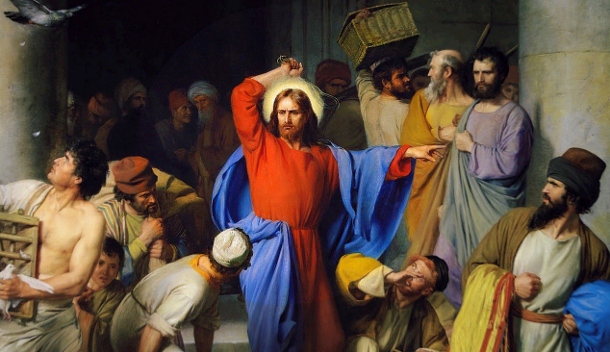 610x352 John 0213 25, Cleanses The Ezra Commentary - Jesus Cleansing The Temple Painting