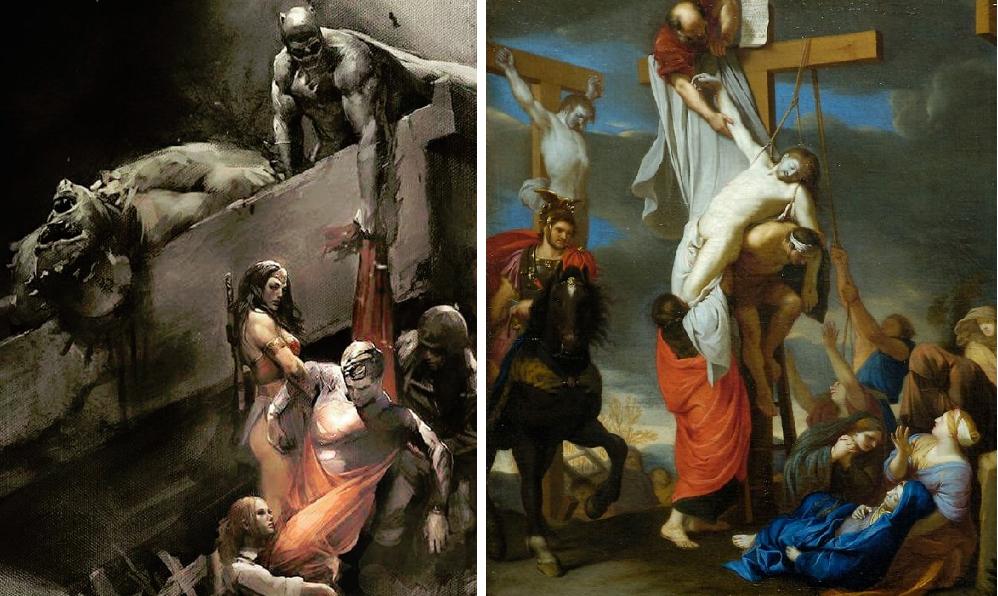 998x596 Death Of Superman Concept Art Jesus Lifted Down From Cross - Jesus Death Painting