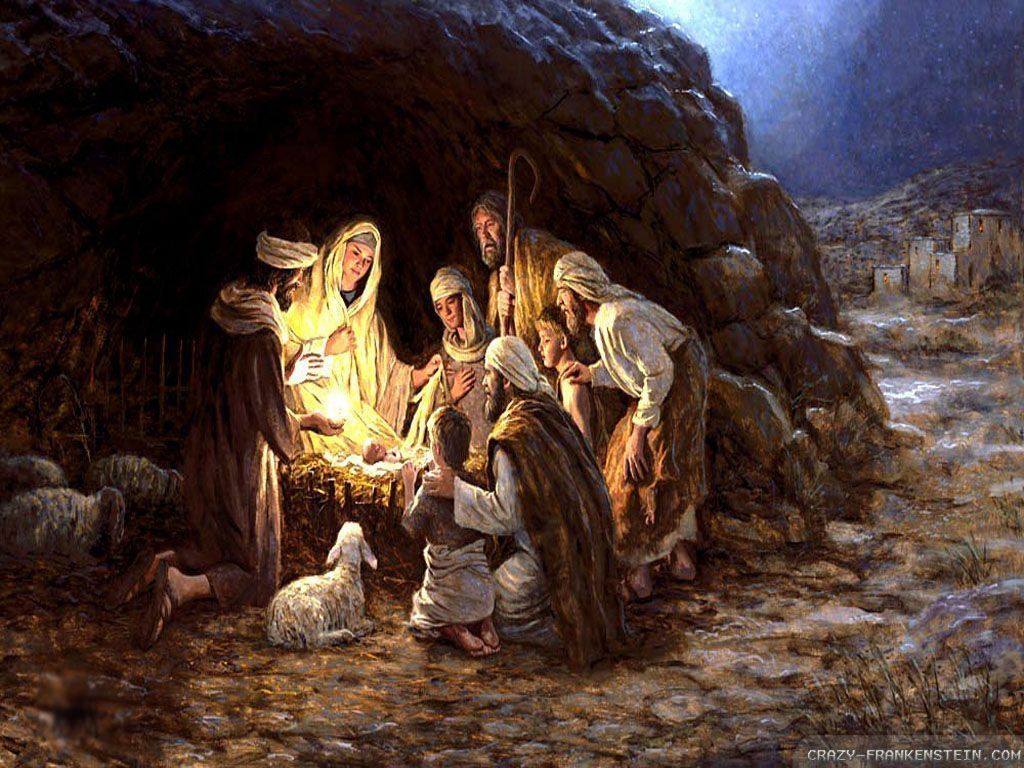 1024x768 Nativity Scene Pictures Wallpaper Best Cool Wallpaper Hd Download - Jesus In A Manger Painting