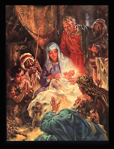 229x300 Vintage 1953 Manger Scene Baby Jesus Mary Wise Men Art Print By - Jesus In Manger Painting
