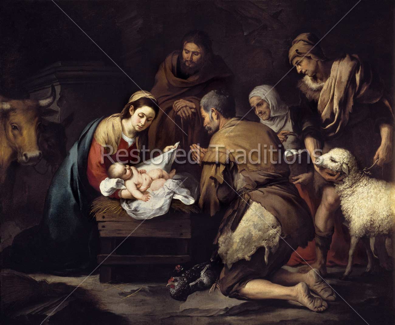 1300x1071 Image File Shepherds Adore Christ Child In Manger By Esteban Murillo - Jesus In The Manger Painting