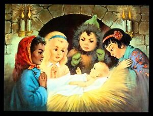 300x228 Vintage 1961 Children Around The World Visit The Manger Jesus - Jesus Manger Painting