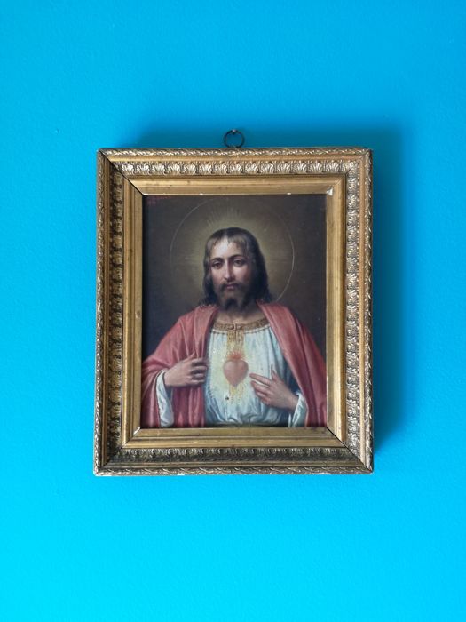 525x700 Oil Painting On Board, The Sacred Heart Of Jesus, Dating Back - Jesus Sacred Heart Painting