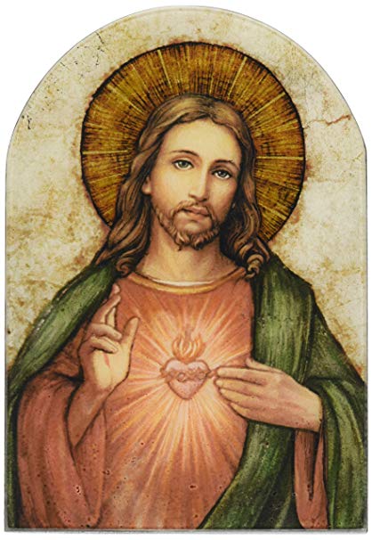 418x606 Sacred Heart Of Jesus Christ Icon 7 Inch Wood Arched Plaque By - Jesus Sacred Heart Painting