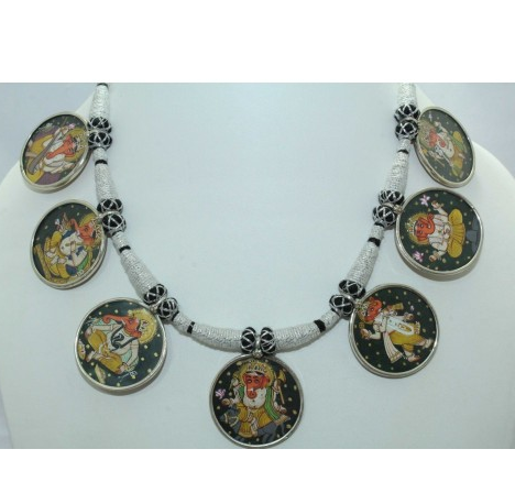 468x458 Temple Jewellery Silver God Ganesha Painting Necklace - Jewelry Painting