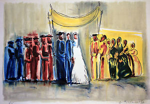 300x209 Joseph Kossonogi, Lithograph, Jewish Wedding, Israeli Artist Ebay - Jewish Wedding Painting