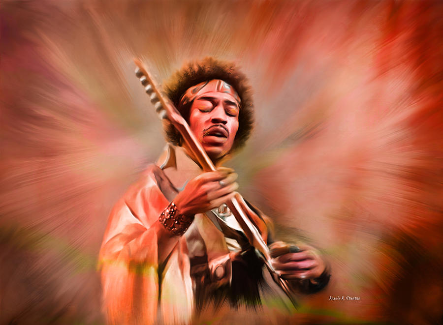 900x661 Jimi Hendrix Electrifying Guitar Play Painting By Angela Stanton - Jimi Hendrix Oil Painting
