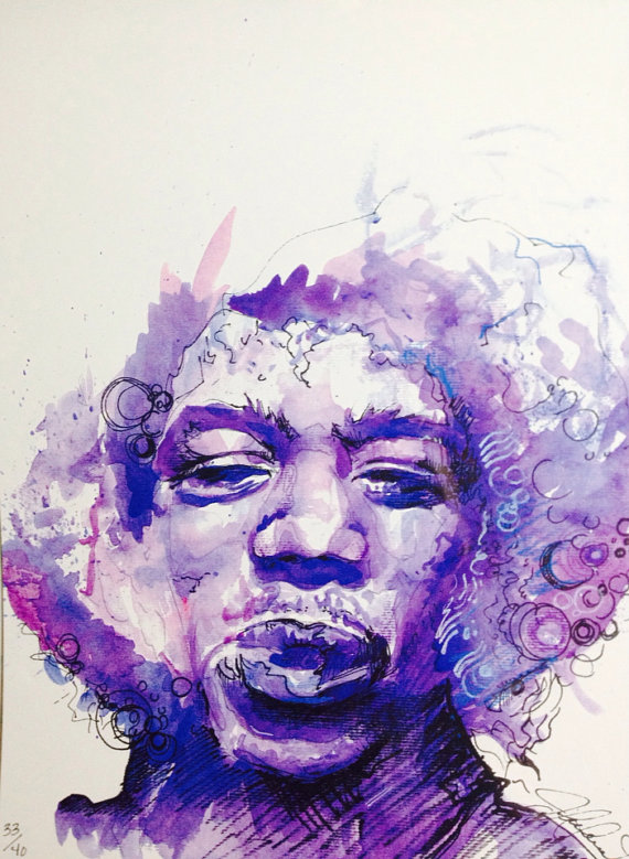 570x779 Purple Haze, Original Watercolor Print Of Jimi Hendrix Purple - Jimi Hendrix Splatter Painting