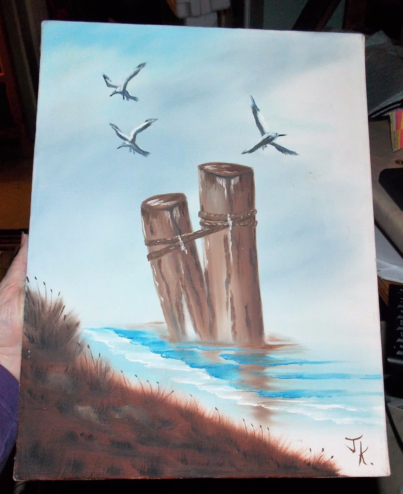 1306x1600 Original Pier Posts Ocean Seagulls Signed Jk Painting Canvas Art - Jk Painting