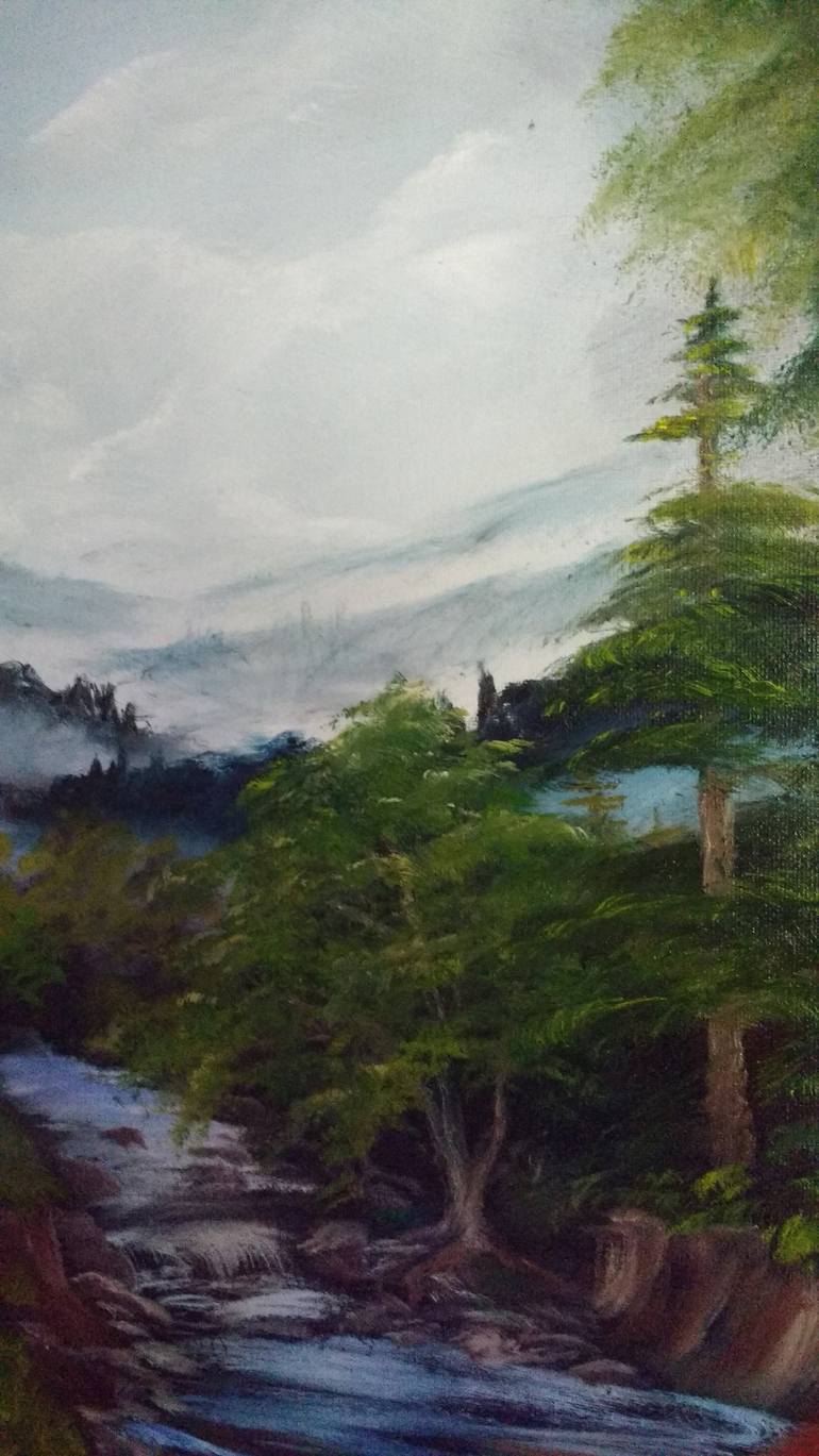 770x1369 Saatchi Art Misty Mountain Stream Painting By Amara Jk - Jk Painting