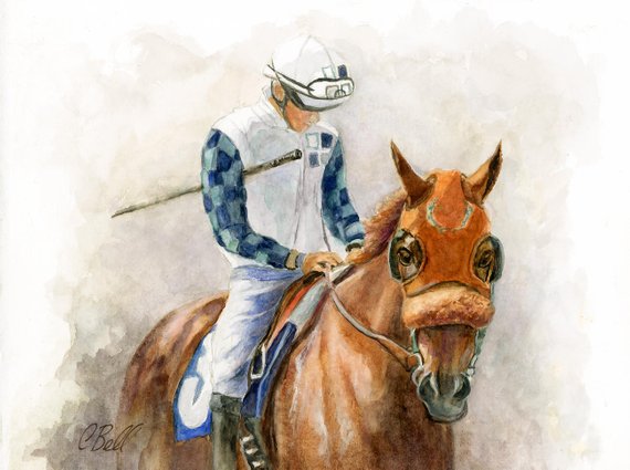 570x425 Original Race Horse And Jockey Painting Watercolor Painting - Jockey Painting