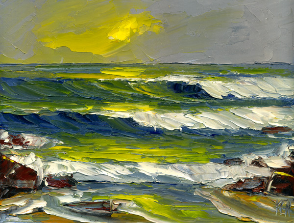 600x454 Lemon Yellow Original Seascape Impression Oil Painting. Pacific - John Lemon Painting