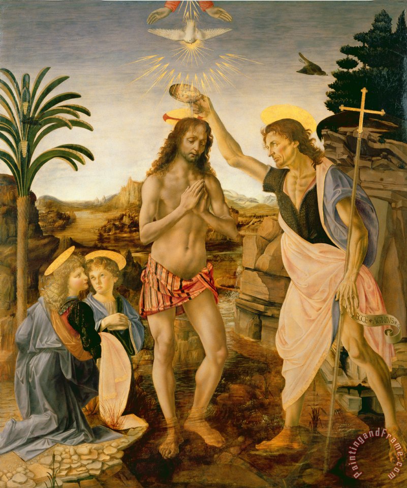 801x960 Leonardo Da Vinci The Baptism Of Christ By John The Baptist - John The Baptist And Jesus Painting