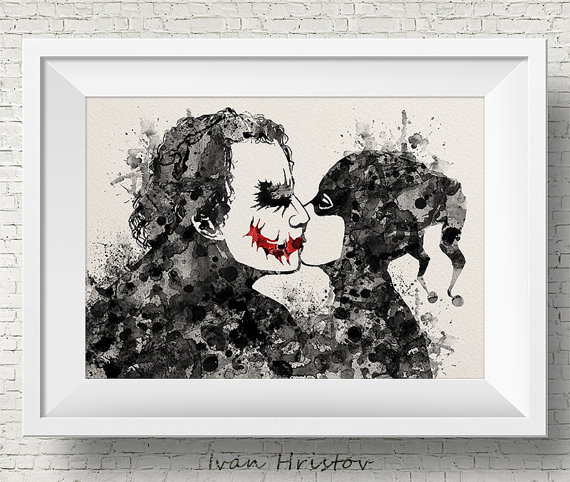 570x482 Joker And Harley Quinn Inspired Kiss Love Watercolor Painting - Joker And Harley Painting