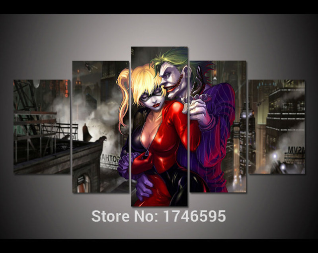 640x509 5pcs Print Canvas Wall Art Joker And Harley Quinn Painting Picture - Joker And Harley Painting