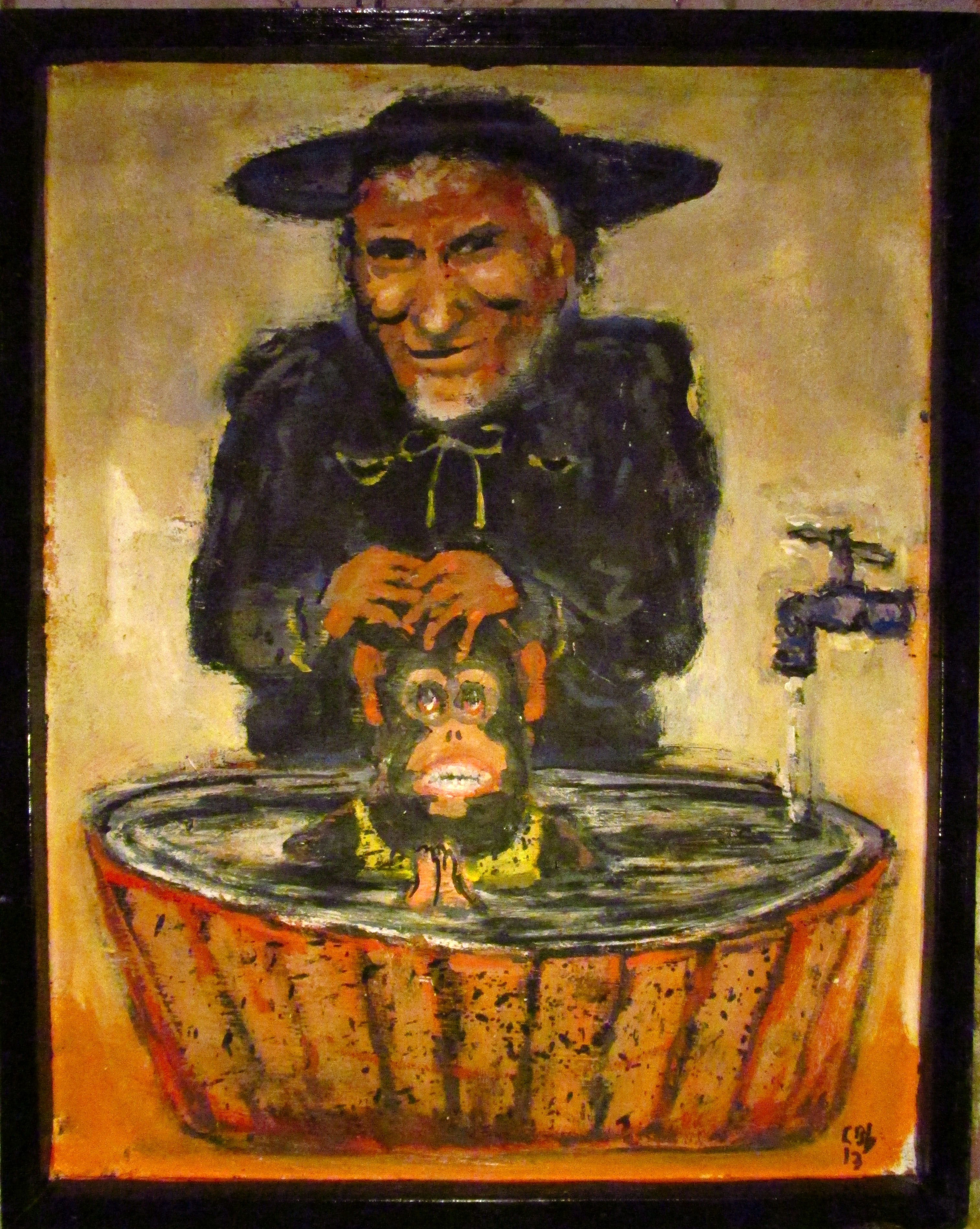 3028x3797 Ken Ham Babtises Darwin's Jolly Chimp Oil On Wood Bible Folk - Jolly Painting