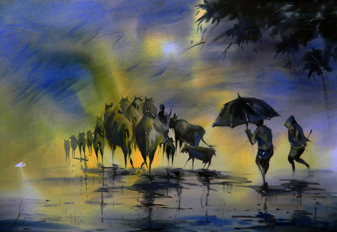 690x474 Rainy Journey By Artist Tanay Singha Impressionism, Painting - Journey Painting