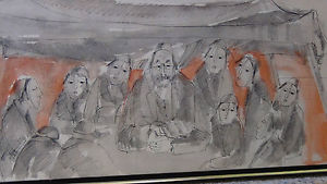 300x169 Judaica Painting On Canvas Signed Moshe Katz Rabbi With People - Judaica Painting