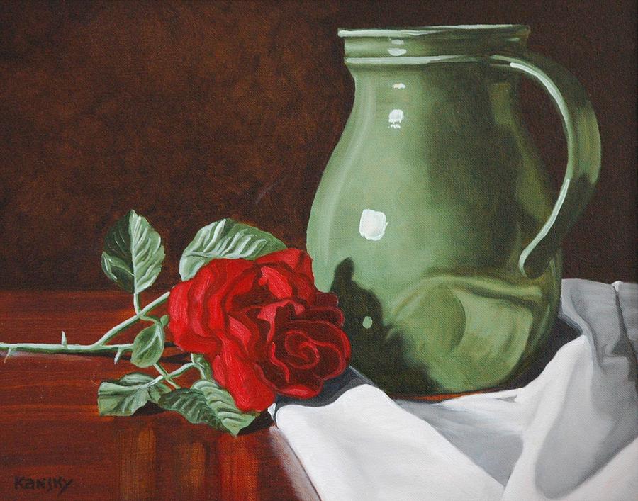 900x707 Rose And Green Jug Still Life Painting By Daniel Kansky - Jug Painting