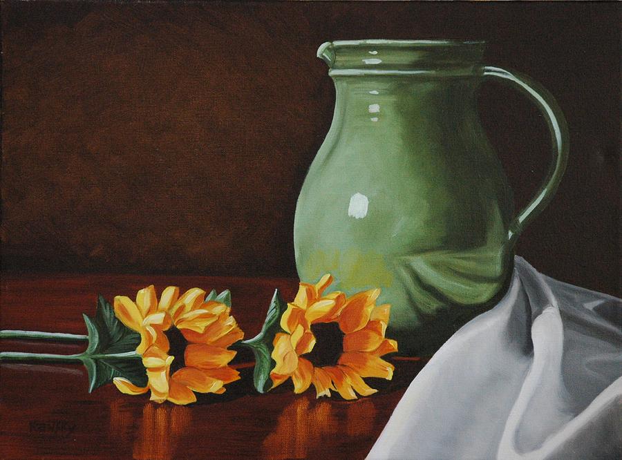 900x666 Sunflowers And Green Water Jug Painting By Daniel Kansky - Jug Painting