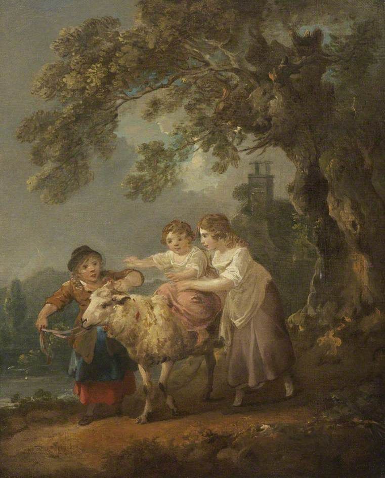 761x944 Children And The Pet Sheep Painting Julius Caesar Ibbetson Oil - Julius Caesar Painting