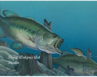 340x270 Fish Print Painting Largemouth Bass Ducks Water Acrylic - Jumping Bass Painting