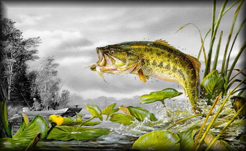 500x308 Nice Largemouth Bass Painting Old Fishing Lures - Jumping Bass Painting