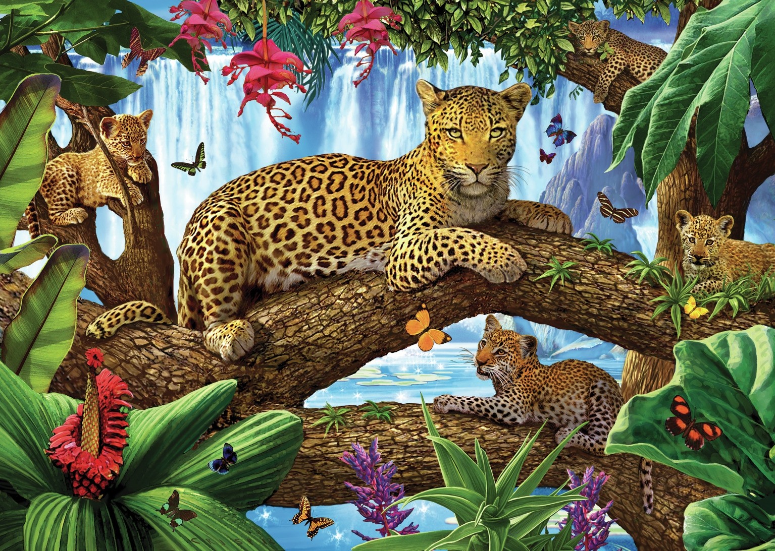 1535x1093 Other Jungle Butterflies Cubs Leopard Painting Art Waterfall Trees - Jungle Animal Painting