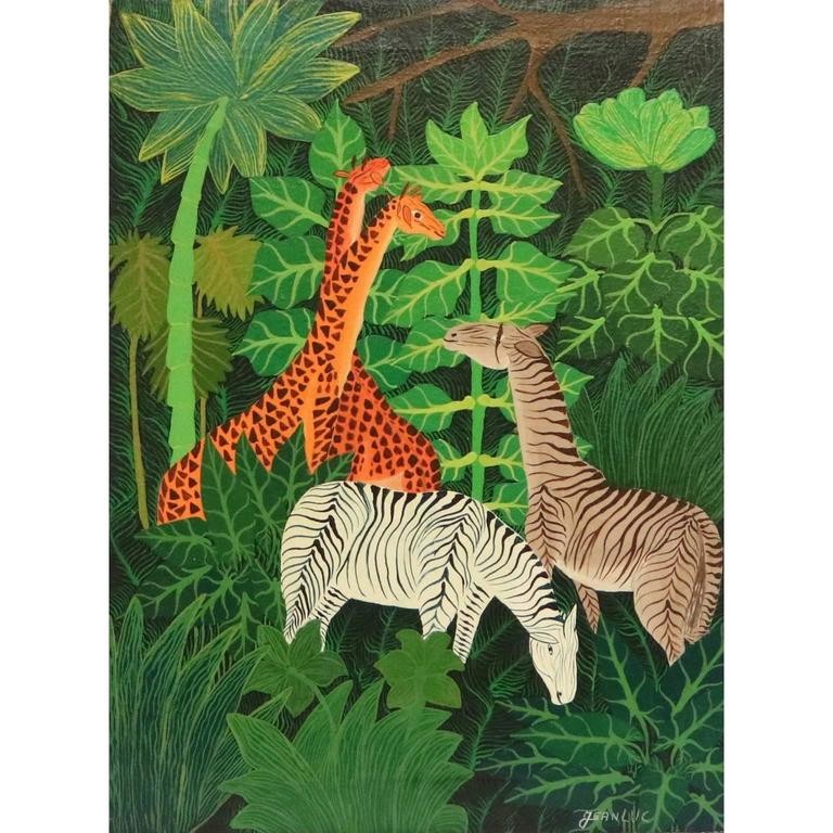768x768 20th Century Oil Painting With Jungle And Animals, Signed Jean Luc - Jungle Animal Painting